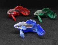 Swarovski Crystal, 'Siamese fighting fish' Blue, Red and Green, boxed (3).