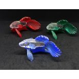 Swarovski Crystal, 'Siamese fighting fish' Blue, Red and Green, boxed (3).