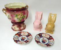 A pair of Japanese Imari scallop dishes, two Sylvac bunnies and a reproduction Jardinière.