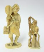 Two antique Japanese carved ivory figures, tallest 15cm.