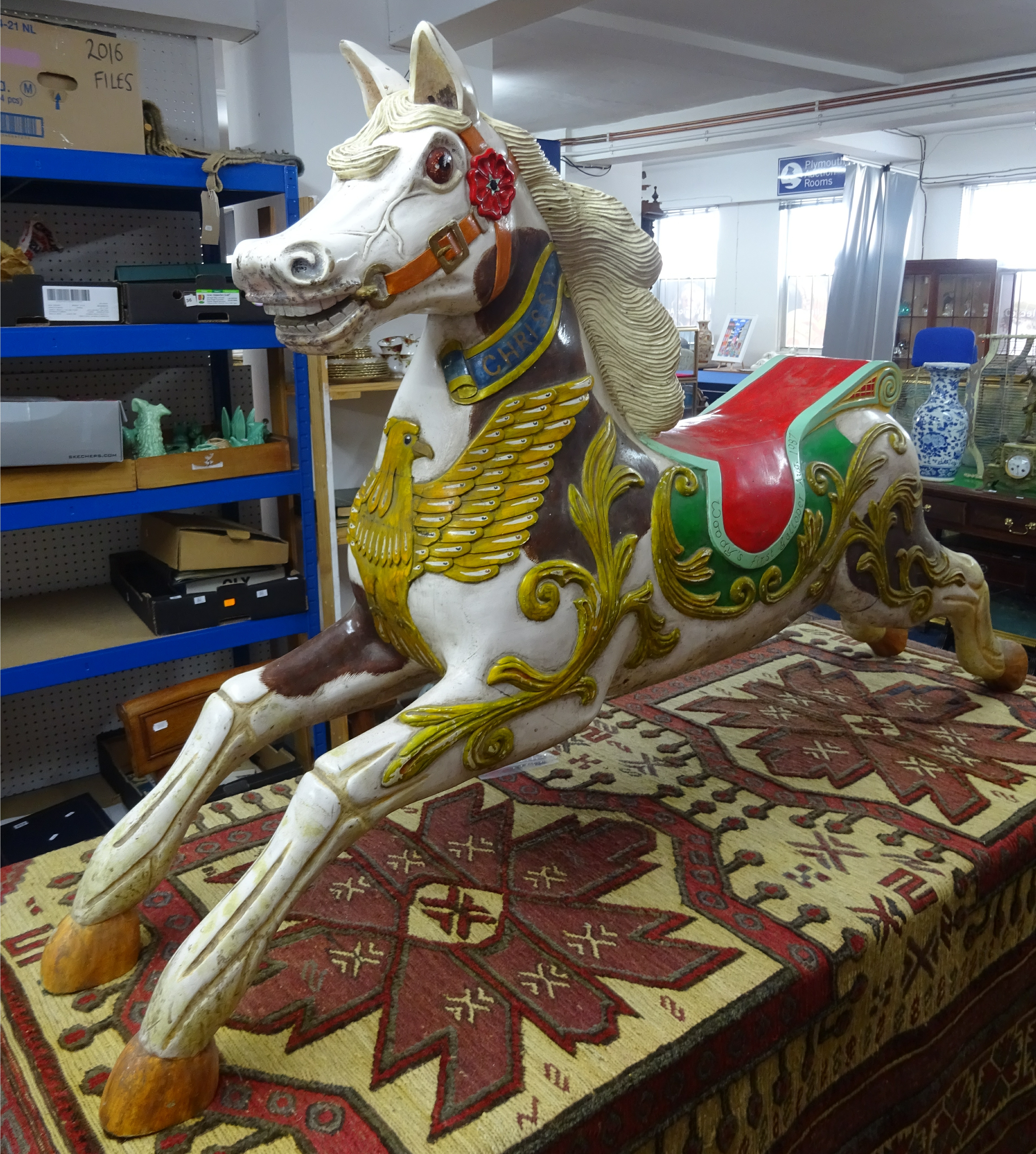 A carved wood and hand painted fair ground carousel Galloper horse, carved by Woody White a well - Image 3 of 6