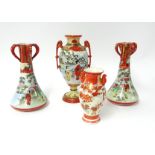 A pair of Japanese satsuma porcelain vases, height 27cm, another Japanese single vase height 30cm,