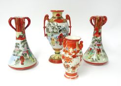 A pair of Japanese satsuma porcelain vases, height 27cm, another Japanese single vase height 30cm,