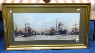 Charles Dixon, a pair of coloured prints 'Shipping on the Thames', height 26cm, width 62cm framed
