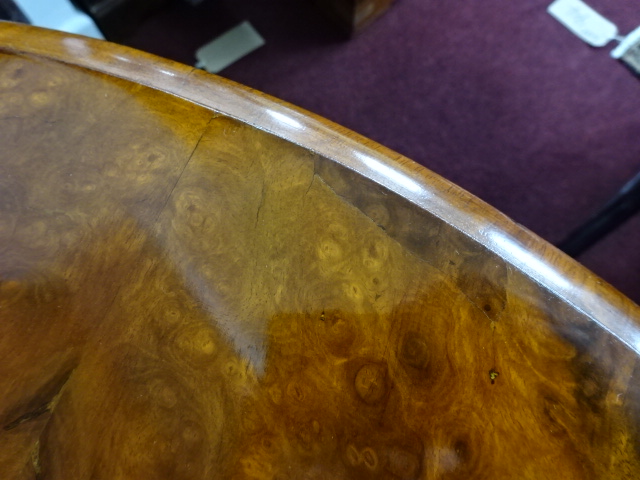 A Victorian burr walnut pedestal loo table, length 130cm, width 99cm. - Image 7 of 10