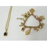 A 9ct gold charm bracelet, together with a 9ct gold pendant necklace, total weight approx. 44g.