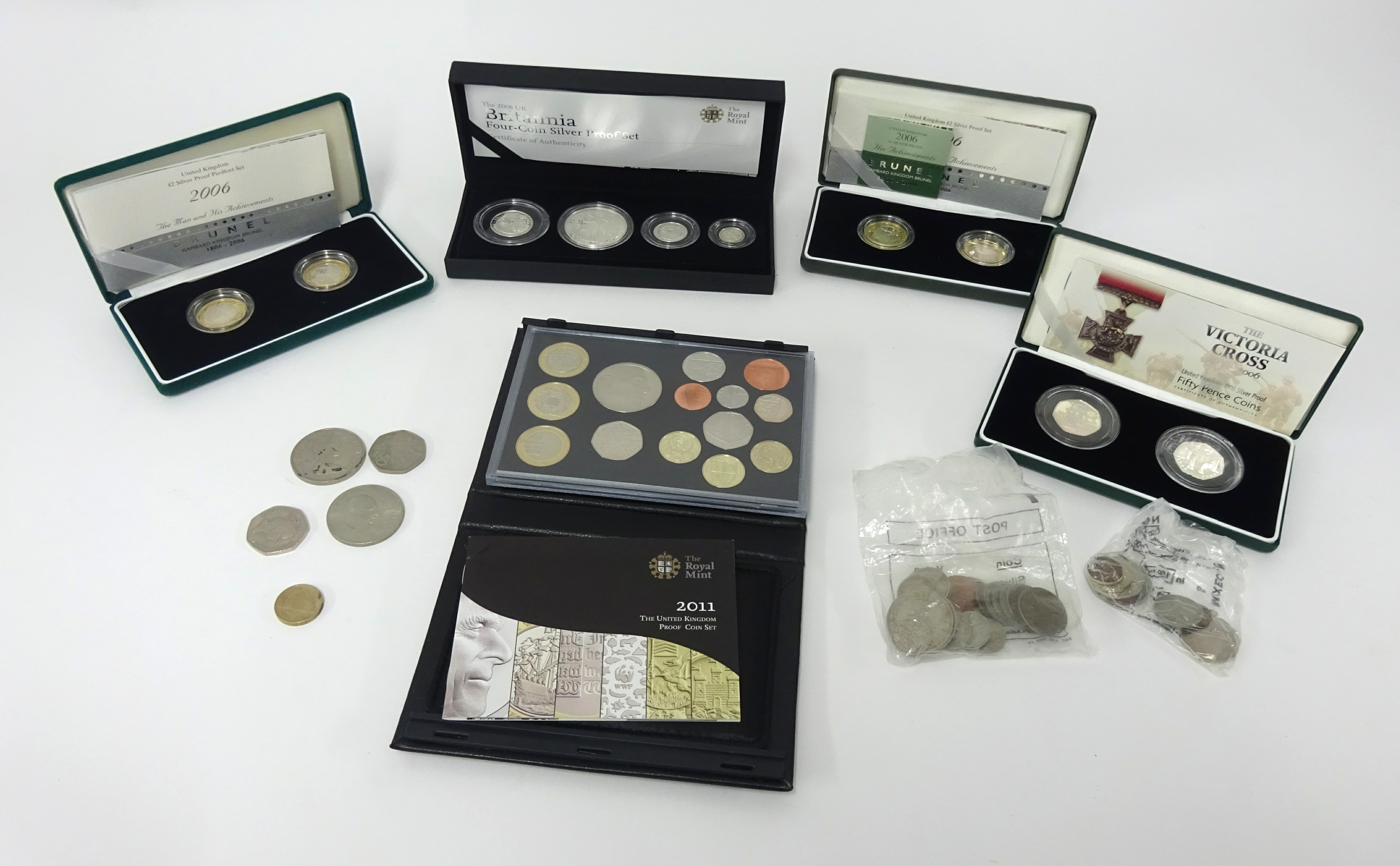 Royal mint, 2008 UK, Britannia four coin silver proof set cased, together with four other various