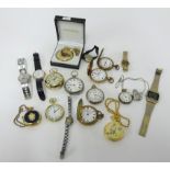 A collection of various watches including a silver Victorian fob watch, open face pocket watches
