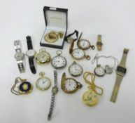 A collection of various watches including a silver Victorian fob watch, open face pocket watches