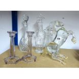 A brass sculpture of a rearing horse, brass decanters, candlesticks, Wedgwood Jasperware, Paul