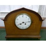 An Edwardian mahogany and marquetry inlaid mantle clock with 8 day movement.