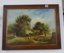 English School 19th century oil on board, rural scene of thatched cottage, figure stream, not
