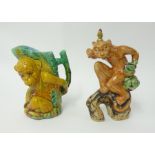 A majolica style monkey jug and dancing monkey group (2).