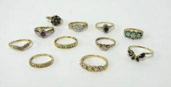 A collection of eleven 9ct dress rings in various settings, approx. 22.5g.