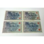 A collection of various vintage bank notes including Reich Bank 100 mark notes Berlin 1908, also