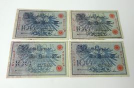 A collection of various vintage bank notes including Reich Bank 100 mark notes Berlin 1908, also