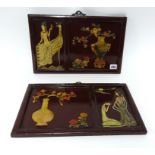 A pair oriental lacquered panels decorated in relief with hardstone urns and flowers, and Art
