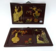 A pair oriental lacquered panels decorated in relief with hardstone urns and flowers, and Art