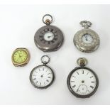 A silver half hunter pocket watch, two silver open faced pocket watches, Tissot vintage wristwatch