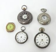 A silver half hunter pocket watch, two silver open faced pocket watches, Tissot vintage wristwatch