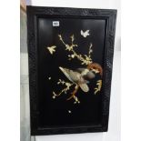 Chinese lacquered framed panel decorated in relief with birds and branch, height 70cm, width 45cm.