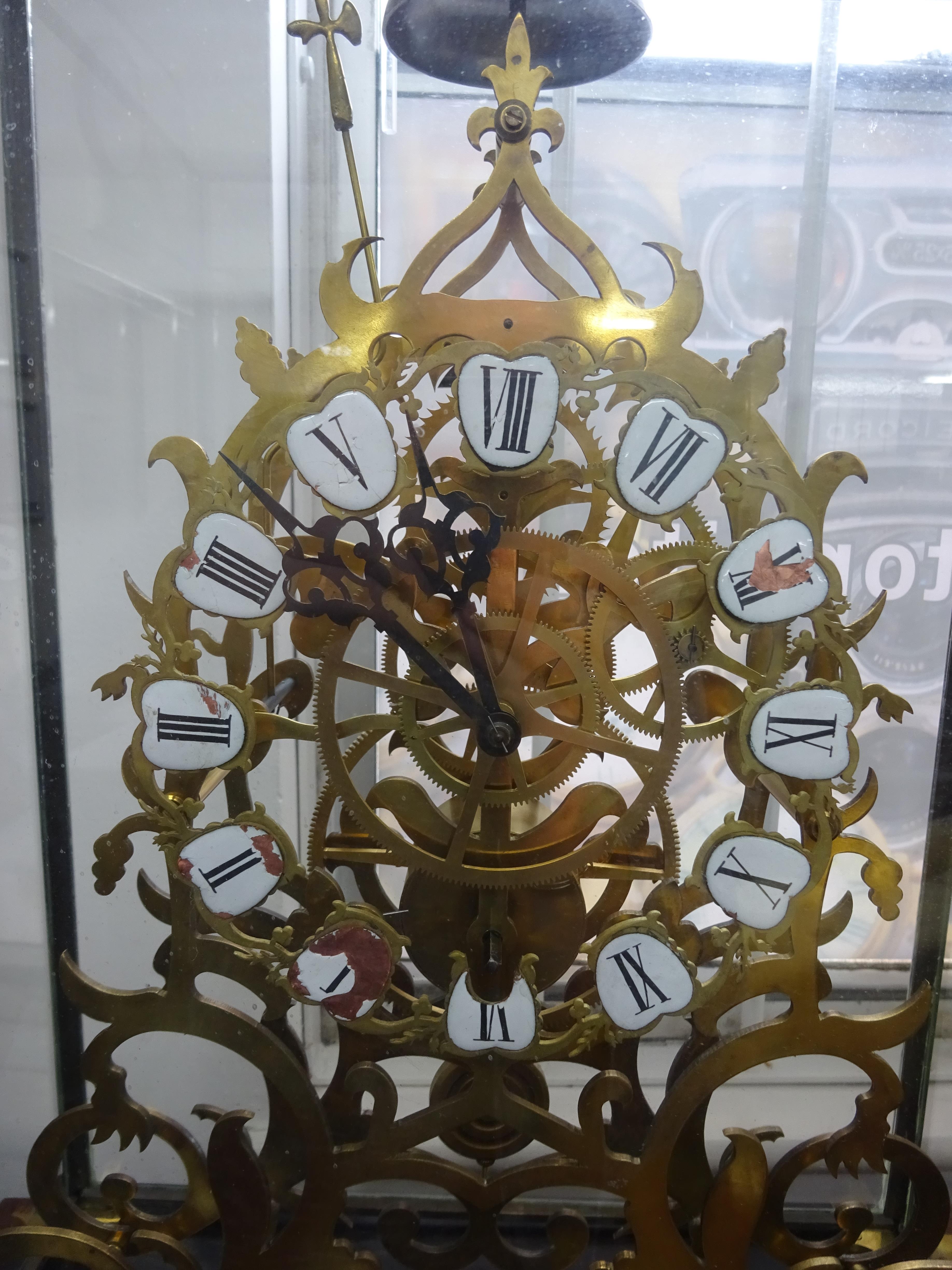 A large skeleton clock with cartouche enamel dial with roman numerals, bell strike, housed in a - Image 5 of 6