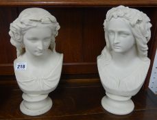 A pair of Parian busts by Copeland marked 'Miranda and Ophelia', W.O.Marshall Rasault , height