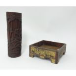 A carved bamboo brush pot and Chinese/Tibetan carved wood stand (2).
