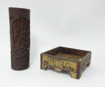 A carved bamboo brush pot and Chinese/Tibetan carved wood stand (2).