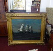 Oil on canvas, signed Humphries 1903, three masted ship in heavy gilt frame, 65cm x 80cm.