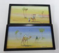 Abdel Montana, pair of miniature Egyptian gouache paintings, signed, overall size 12cm x 21cm.