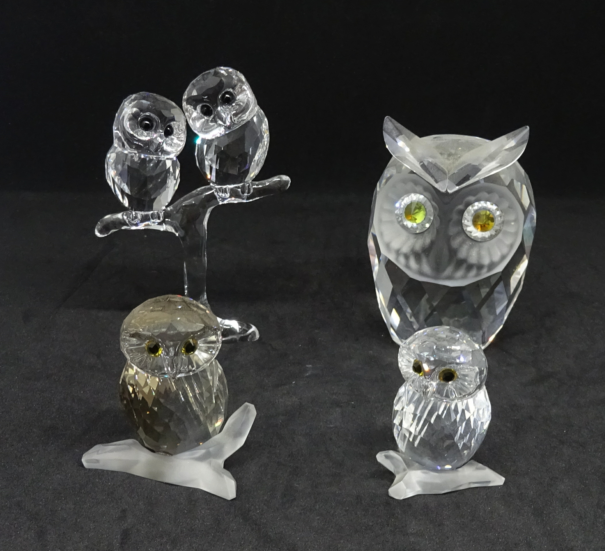 Swarovski Crystal, small collection of owls including brown owl, small owl, large owl and baby