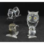 Swarovski Crystal, small collection of owls including brown owl, small owl, large owl and baby