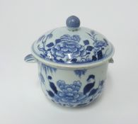 A Chinese blue and white porcelain handled bowl and cover (lacks one handle) height 11cm.