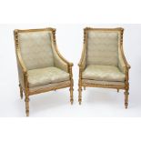 A pair of Louis XVI style gilt wood framed salon chairs, height 100cm.