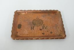 A hammered copper pin tray marked H.IV with crest, 12cm x 9cm.