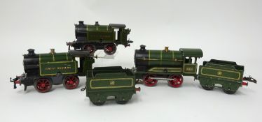 Three Hornby Clockwork Gauge 0 tinplate ‘Great Western’ locomotives; with spare tender, No 0