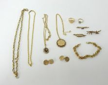 A collection of various 9ct gold jewellery, including gold chains, pendants, cufflinks, rings etc.