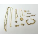 A collection of various 9ct gold jewellery, including gold chains, pendants, cufflinks, rings etc.