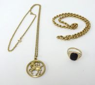 A 14ct necklace marked 585 approx. 11.5g, a 9ct pendant on fine 9ct chain 12.1g, and a 9ct signet