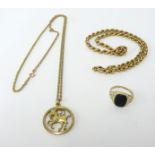 A 14ct necklace marked 585 approx. 11.5g, a 9ct pendant on fine 9ct chain 12.1g, and a 9ct signet