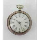 An antique pear cased pocket watch, damaged dial, silver cased, with fusee movement, the gilt dial