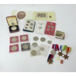 Three WWII medals R. Richardson, Yorkshire, boxed, together with a small mixed lot of