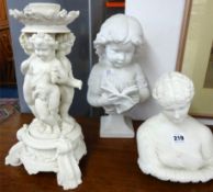 A Parian centrepiece depicting three cherubs, height 37cm, Parian bust Clytie?, and a Parian? Bust