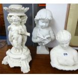 A Parian centrepiece depicting three cherubs, height 37cm, Parian bust Clytie?, and a Parian? Bust