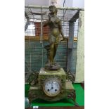 Late Victorian green marble (onyx) and metal figurative clock, height 52cm, with pendulum and key.