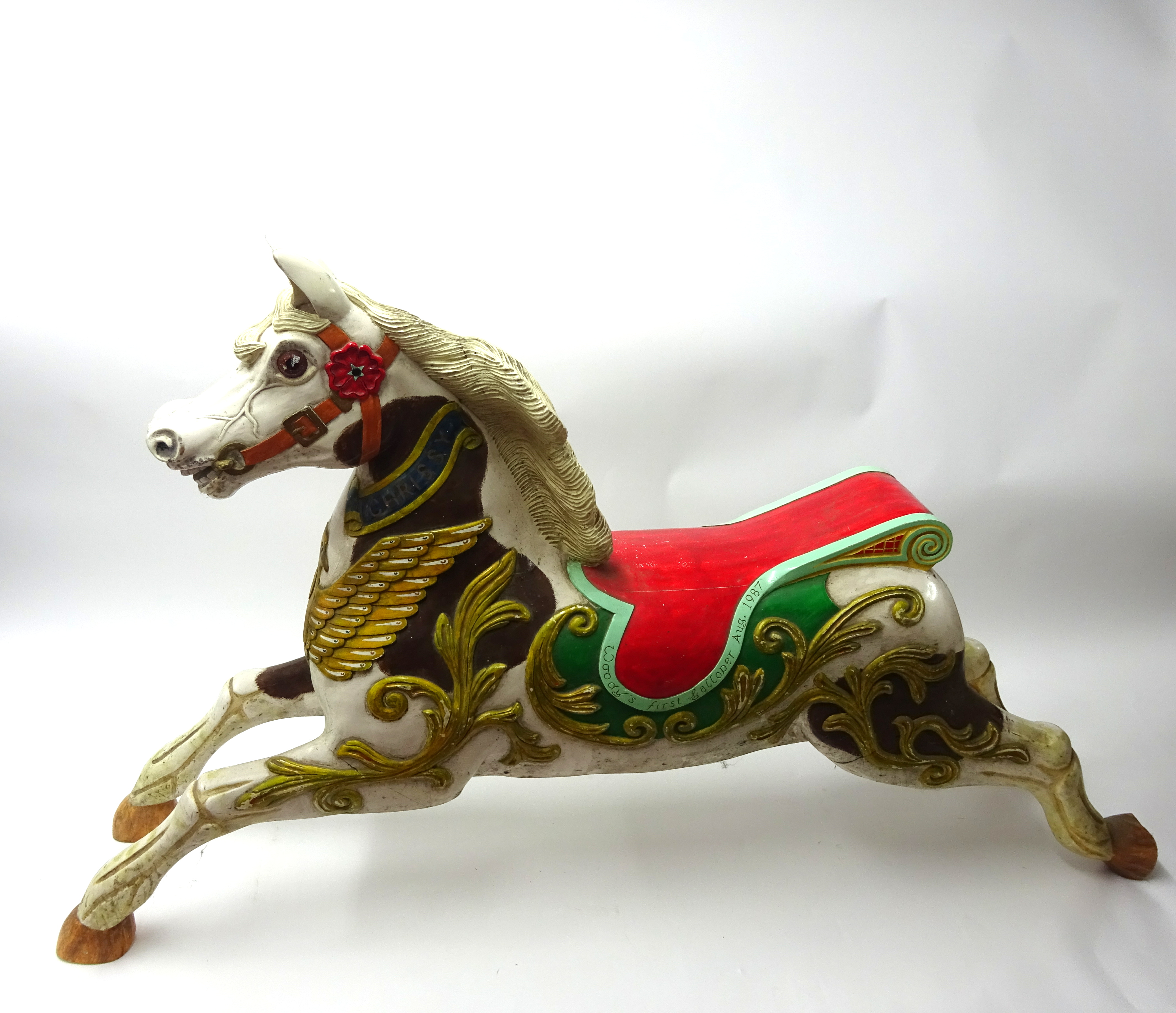 A carved wood and hand painted fair ground carousel Galloper horse, carved by Woody White a well - Image 2 of 6
