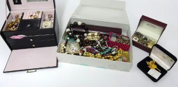 Black leather box of costume jewellery, rings and watches, box of necklaces, and other costume