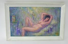 Mike Nance, acrylic on board 'Reclining Nude', signed, framed, 32cm x 54cm.