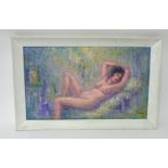 Mike Nance, acrylic on board 'Reclining Nude', signed, framed, 32cm x 54cm.